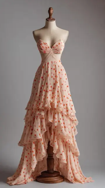 Sexy Orange Ruffled Summer Dress A-Line Strapless Polka Dots Maxi Prom Dress RS706