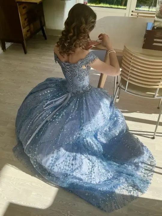 Glitter Tulle Embroidered Women's Prom Gown Baby Blue Waist Fitted Maxi Evening Dress Birthday Dress — Fall Outfit 2026 New  RS3261