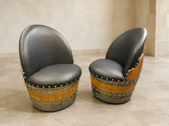 Whiskey & Wine Barrel Lounge Chair — Hidden Storage, Memory Foam, Black Upholstery