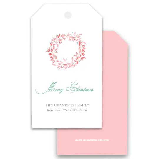 Watercolor Pink Coral Wreath Merry Christmas Holiday Gift Tag