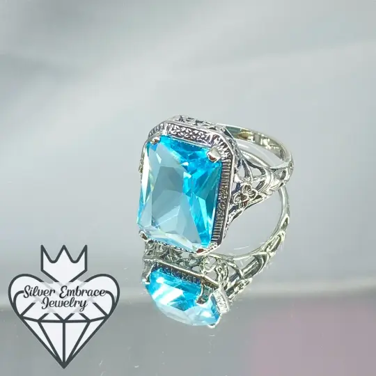 Sky Blue Ring, Size 7 Simulated Cushion Cut Gemstone, Vintage Style Art Nouveau Jewelry, Design#D64 - Ready to Ship