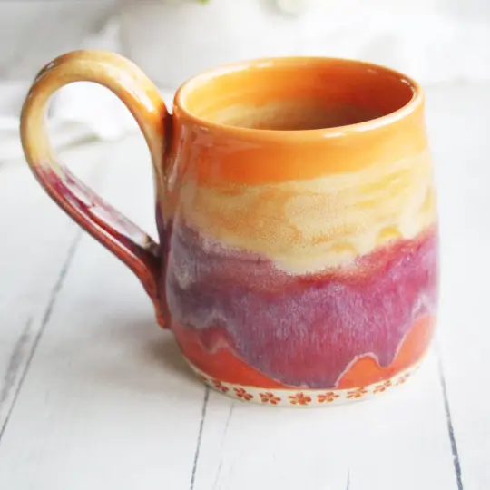 Sunset Orange and Purple Handmade Pottery Mug, 14 Ounce, Made in USA