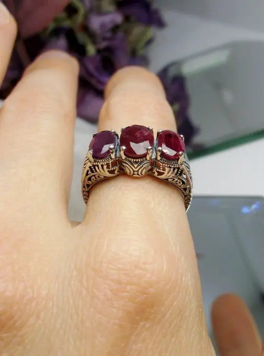 Natural Red Ruby Ring, Size 7, Trinity Ring, - Vintage Style Jewelry #D41