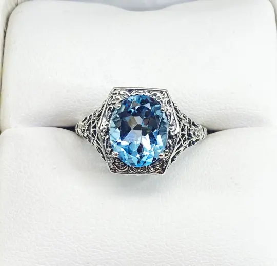 Natural Sky Blue Topaz Ring, Oval gem, Sterling Silver Filigree D417