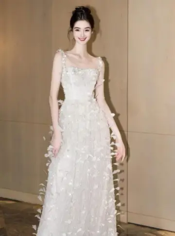 White Elegant Prom Dress ,A-Line Spaghetti Straps Feather Decor Corset Maxi Evening Dress RS1186