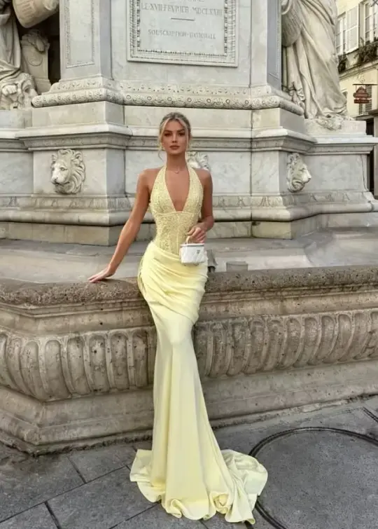 Flowy Chiffon Halter Bodycon Prom Gown , Pastel Yellow Women's Maxi Evening Dress RS2310