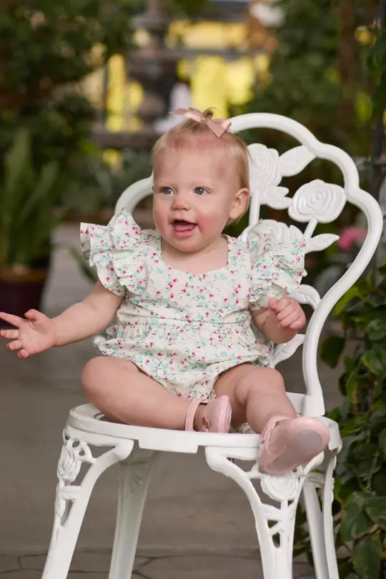 Baby Hattie Romper in Pansy Trellis