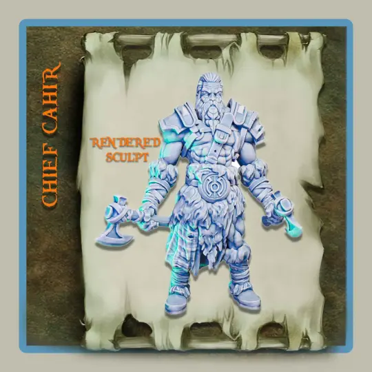 render of 28mm miniature barbarian Chief Cahir