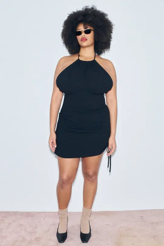 Black Linen Cinch Tie Halter Dress