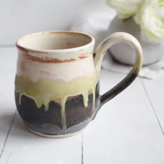Earthy Mug in Cream, Ocher and Brown Glazes, 14 Ounce, Made in USA