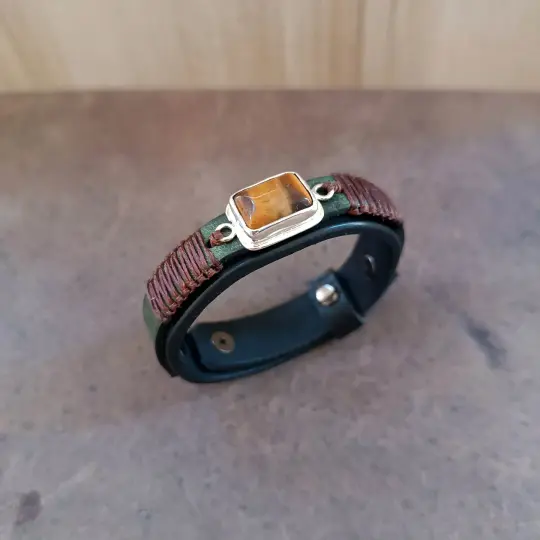 OOAK Tiger’s Eye Sterling Silver Leather Bracelet – Black Vachetta Watchband Style