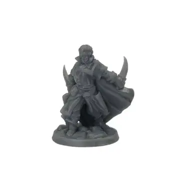 Unpainted 32mm 3D-printed cloaked rogue holding a curved dagger in each hand with arms spread wide — tabletop RPG miniature for D&D, Pathfinder & wargaming