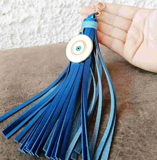 OOAK Electric Blue Oversized Evil Eye Tassel Bag Charm