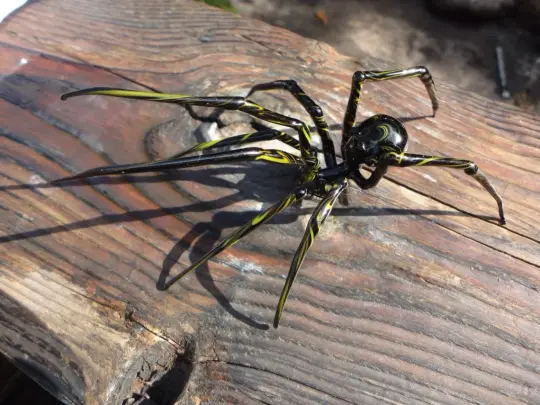 Large Black Glass Spider With Yellow Stripes – 4.3 Inches – Halloween Decor