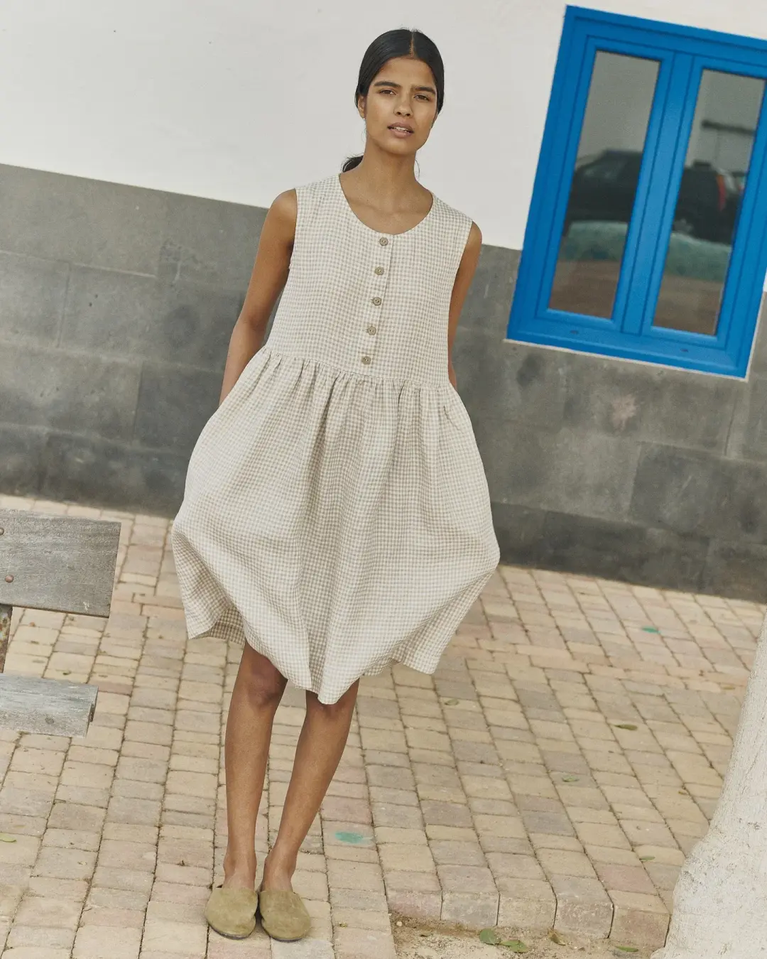 customized: Sleeveless midi MAMA linen dress (Color: Natural/White Gingham; Size: M/L - MIDI length)