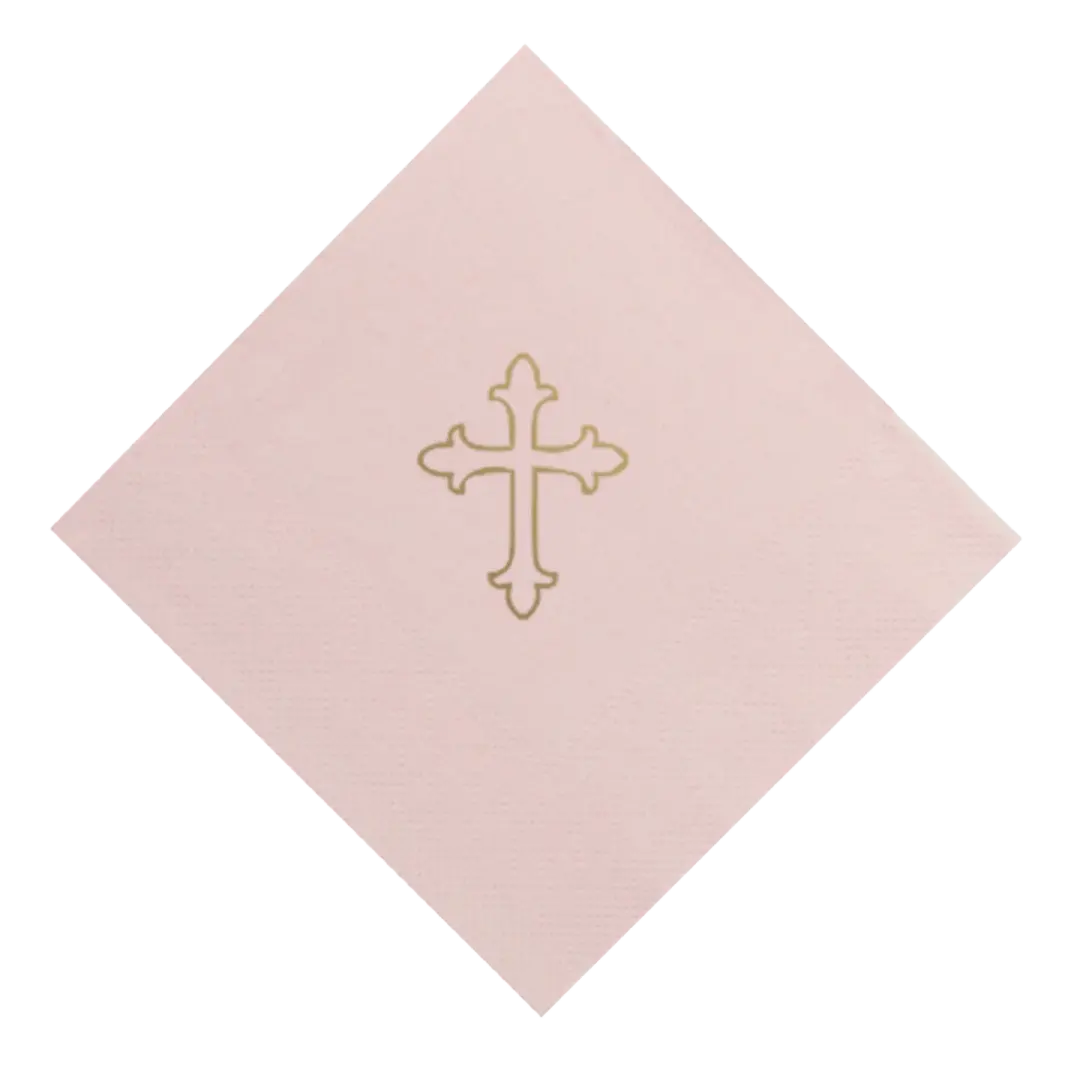 Gold on Pink Baptism Cross Foil Printed Cocktail Napkins, set of 20