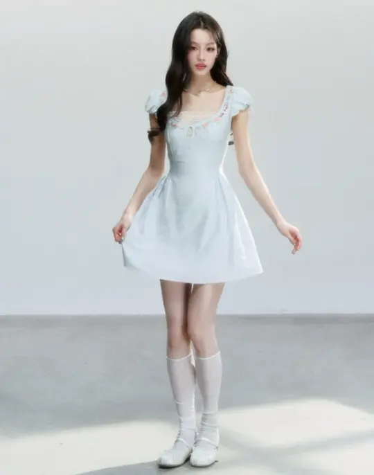 Light Blue Floral Embroidered Mini Dress Women With Lace Trim And Puff Sleeves R9414