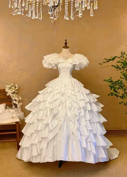 White Prom Dress with Puffed Sleeves, Fitted Waist, Tiered Puffy Skirt; Bridal Gown R7314