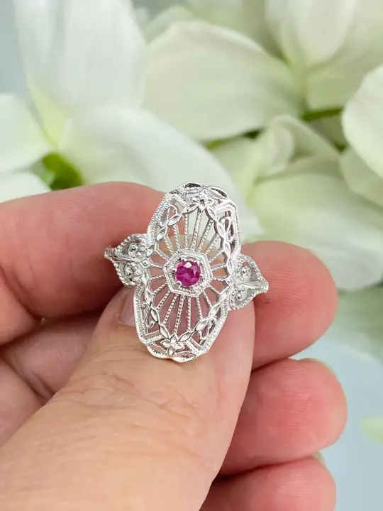 Vintage Style Ruby Ring, Size 10, Natural Round Gem, Debut, Victorian Sterling Silver Filigree, D588 - Ready to Ship
