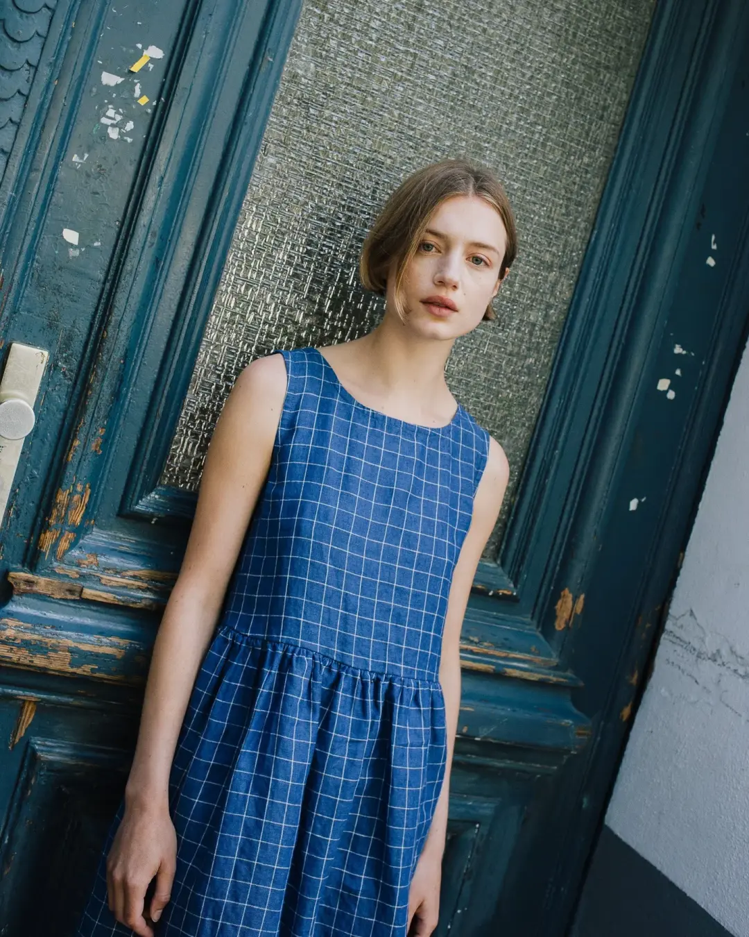 R: Maxi SMOCK loose linen dress (Color: Blue Checks; Size: M/L - MAXI length)