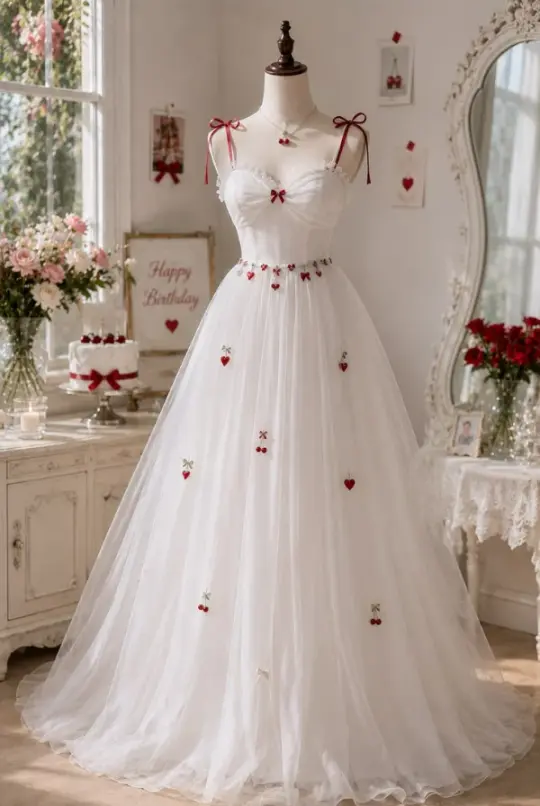 Stunnning White A-Line Spaghetti Straps Tulle Cherry Decor Corset Maxi Wedding Dress RS1741