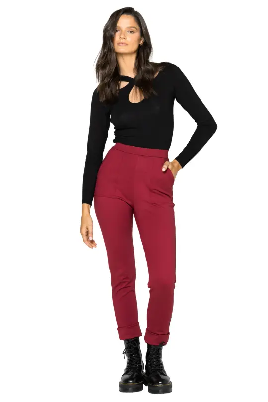 Berry Push It Ponte High Waisted Cuffed Pants