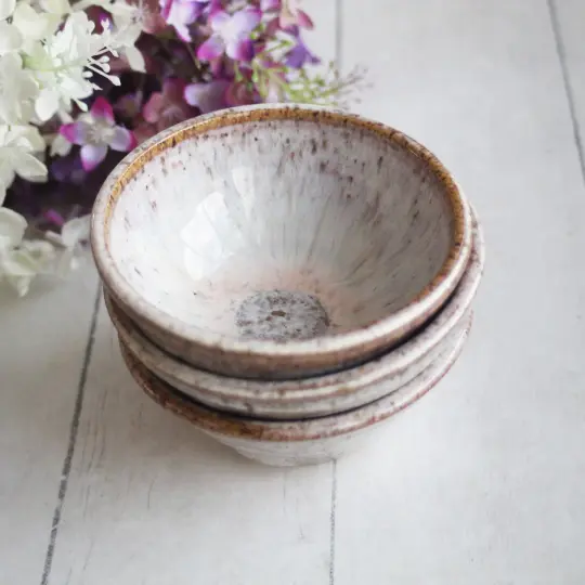Three Rustic Prep Bowls in Toasted Marshmallow Glaze, Handcrafted Small Bowls, Made in the USA