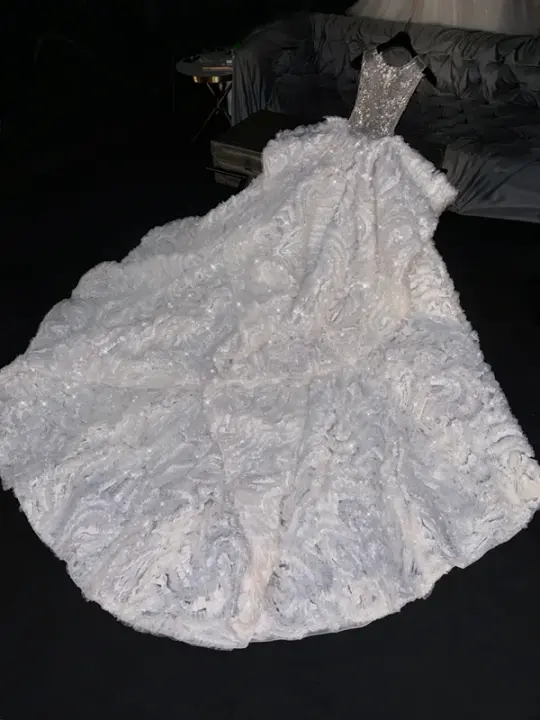 Silver sequined bodice, white full-skirted long ball gown, bridal dress R8769