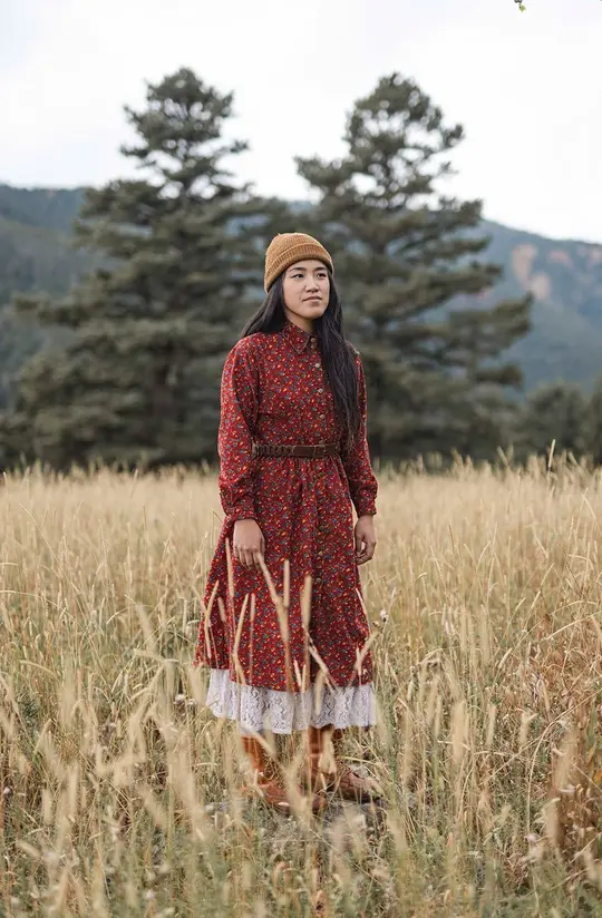Red Floral Corduroy Chore Dress