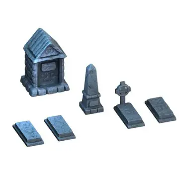 Unpainted 28mm 3D-printed tombstones, mausoleum and grave markers — tabletop RPG terrain for D&D, Pathfinder & wargaming