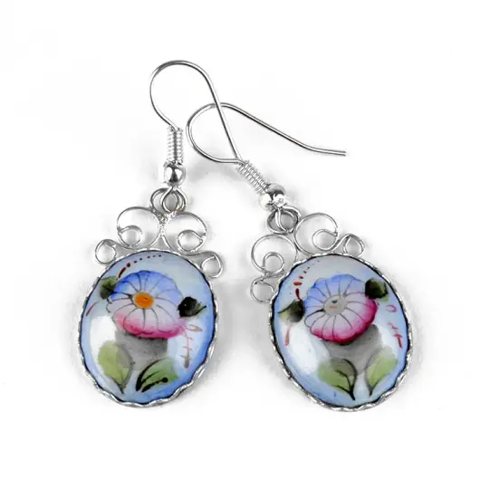 Blue Russian Finift Flower Earrings