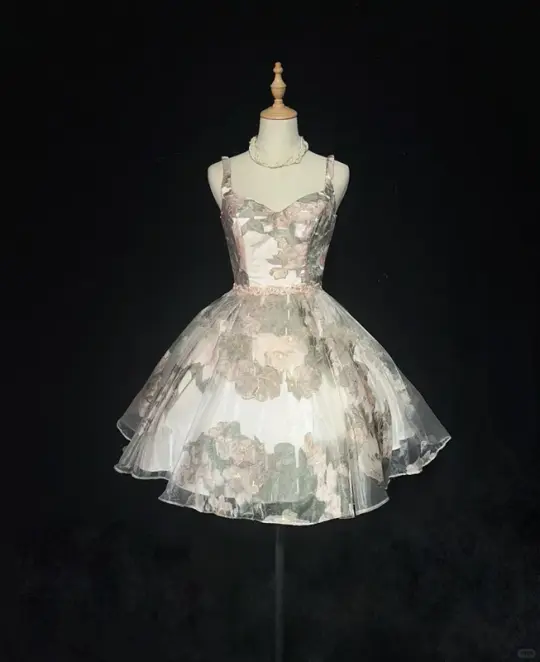 Retro pink floral suspender waist puffy princess skirt homecoming dress R4973