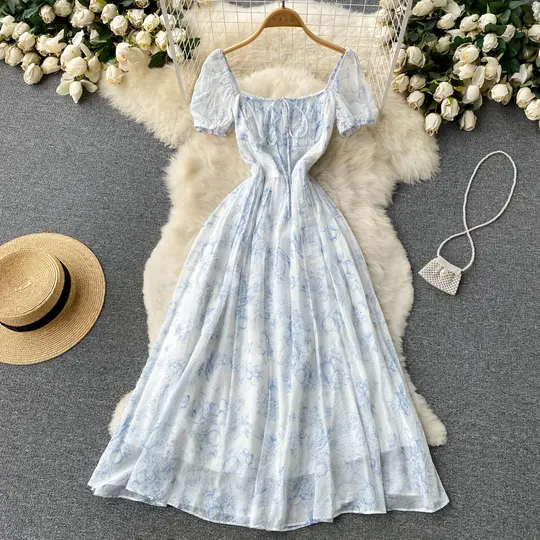 French floral dress summer dress 2025 new square collar niche waist tangerine first love skirt R2301