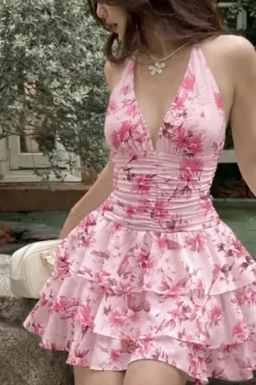 Floral Sweet Halter Women's Homecoming Dress Pink Corset Mini Short Prom Dress Party Dress RS2338