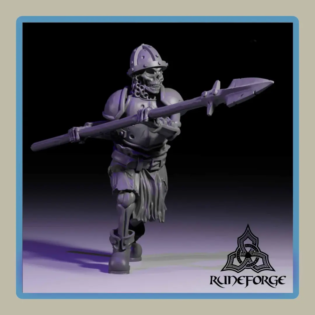 render of 28mm miniature undead armored skeleton with 2 handed spear