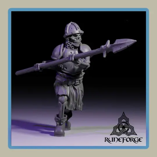 render of 28mm miniature undead armored skeleton with 2 handed spear