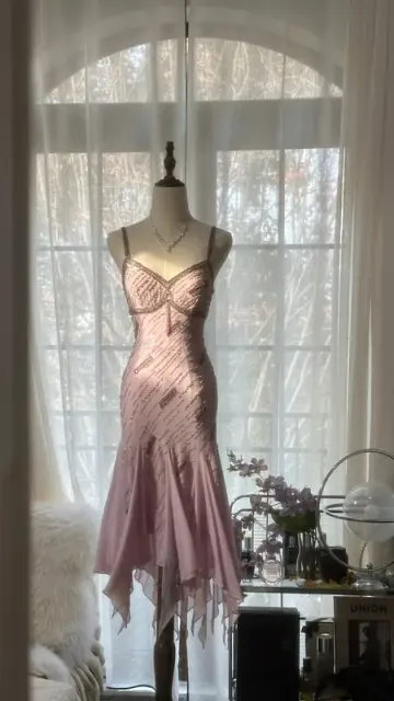 Light pink halter-neck fitted waist slim-fitting irregular hem midi ball gown R7700