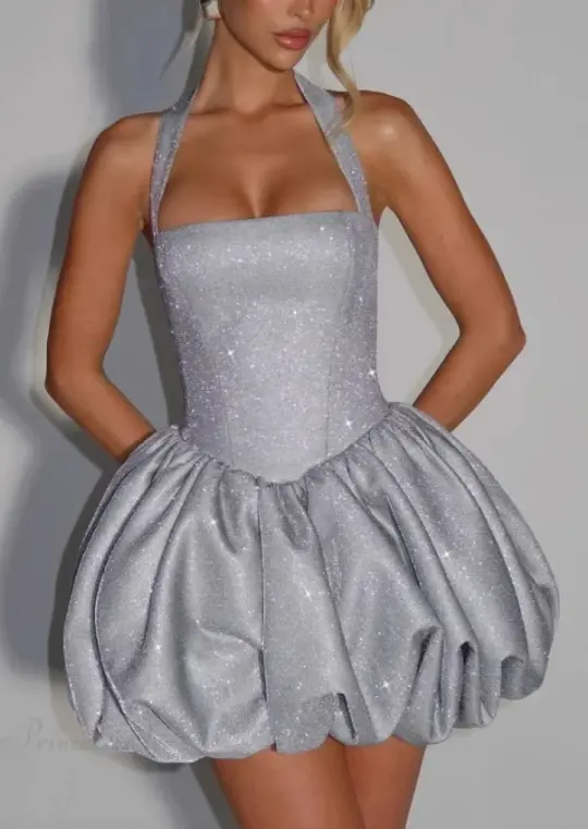 Minimalist Sliver Sequin A-Line Halter Bodycon Mini Summer Dress Homecoming Dress RS396