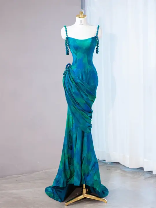 Lake blue halter-neck fitted waist bodycon long ball gown R9024