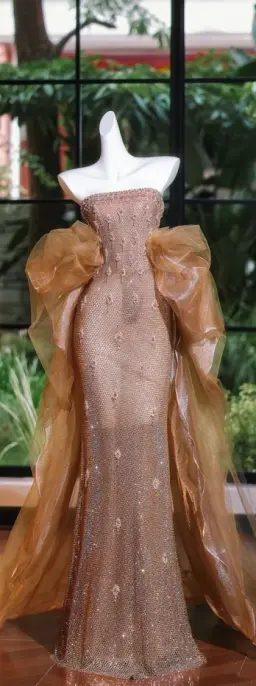 Rose Gold Sequined Strapless Waist Slim Fit Hip Maxi Bridal Dress R5703