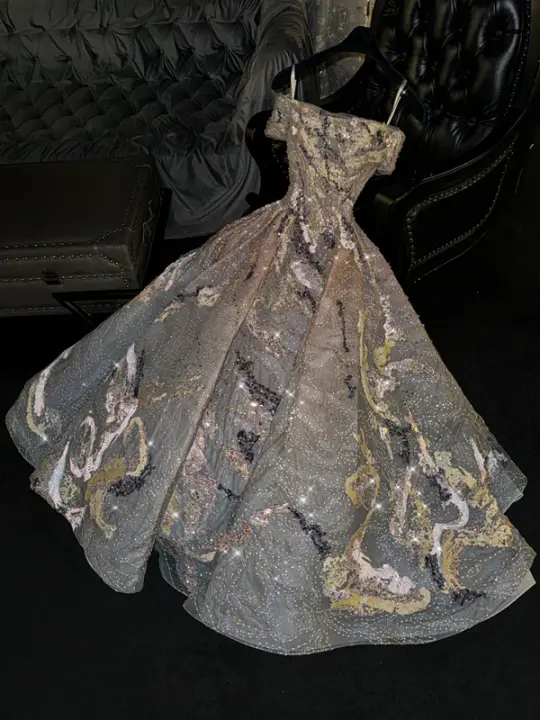 Gold halter-neck off-the-shoulder fitted waist full skirt ball gown/bridal dress R8777