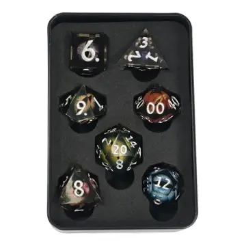 Sharp edge DnD dice set, smoky clear resin with a different colored moving eye in each die and white numbers, 7 dice in a Project Kirtrite tin