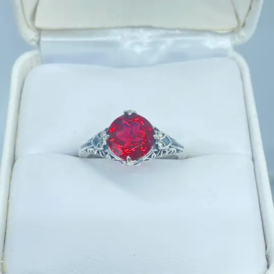 Ruby Ring, Size 5, Knight style Sterling Silver Victorian Filigree Jewelry #D162 - Ready to Ship