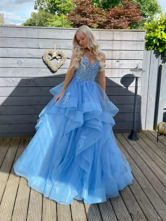 Puffy Tulle Layered Embroidered Women's Prom Gown Blue Waist Fitted Maxi Evening Dress Birthday Dress — Fall Outfit 2026 New  RS3277