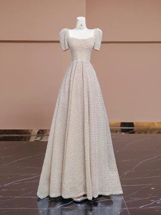 Nude pink square neckline, fitted waist, A-line skirt, long elegant ball gown, bridal dress R8305