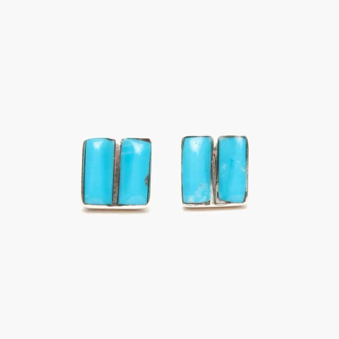 Zuni Turquoise Square with Half Line Stud Earrings