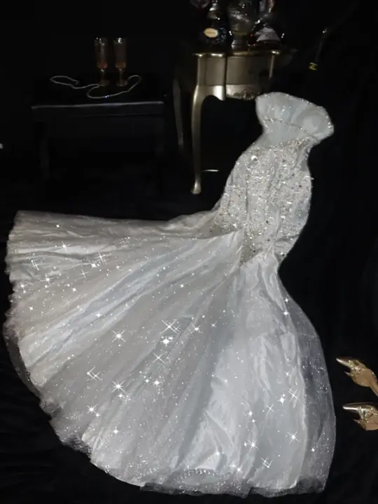 White strapless rhinestone-embellished fitted long ball gown R7019