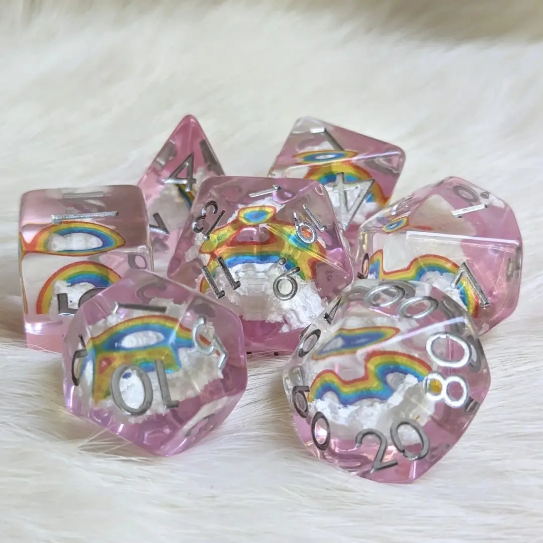 Dreamy Rainbows and Clouds Dice Set – 7-Piece Clear Purple DnD Dice | Fennek & Finch