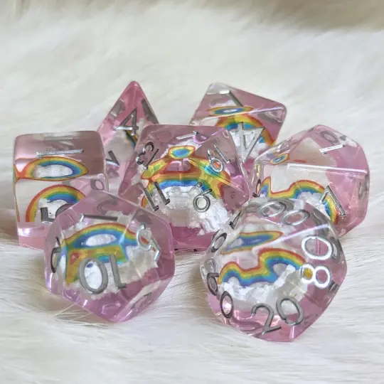 Dreamy Rainbows and Clouds Dice Set – 7-Piece Clear Purple DnD Dice | Fennek & Finch