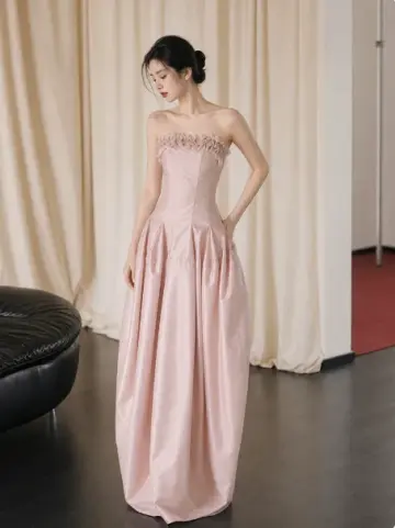 Gentle Satin Silky Prom Gown Pink Women's Maxi Evening Dress Birthday Dress RS2784